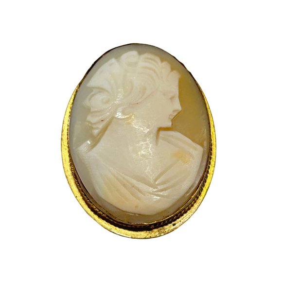 Vintage Genuine Carved Shell Cameo Pin Brooch Pendant Right Facing Lady Profile - Picture 1 of 6